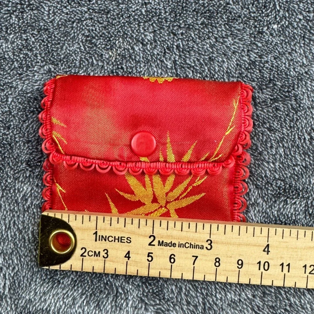 Vintage Red Gold Chinese Brocade Jewelry Pouch‎ Bamboo Snap Coin Purse Small Bag